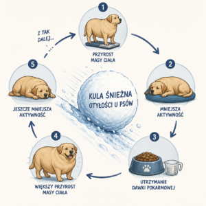 Ilustracja przedstawiająca efekt kuli śnieżnej u psa. Rosnąca otyłość i kula symbolizuje narastające konsekwencje nadwagi, takie jak mniejsza aktywność fizyczna, obciążenie stawów, problemy zdrowotne i dalszy przyrost masy ciała.